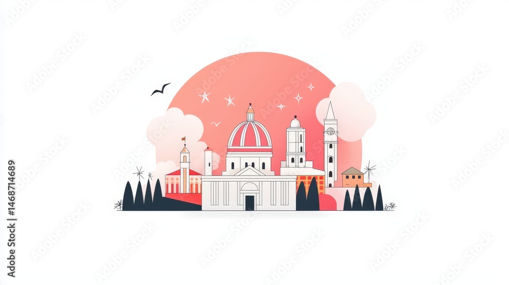 Poster minimal line art of iconic buildings with soft shadows and text
