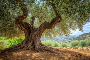 Fototapeta premium Ancient olive tree in a picturesque Greek orchard surrounded by hills, Greece mediterranean old olive tree in orchard