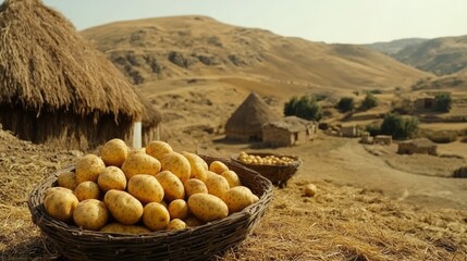 A rustic scene of potatoes in a wicker basket.