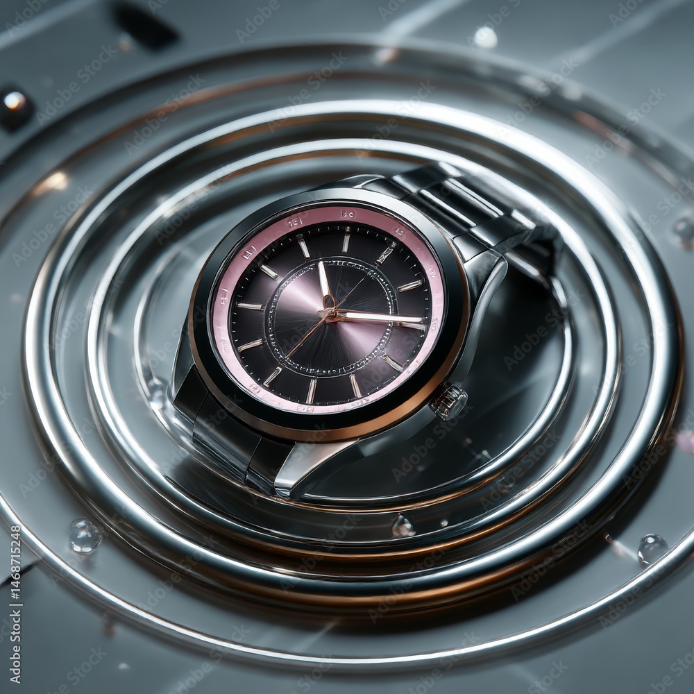 Poster elegant wristwatch showcased on polished surface with circular pattern, capturing timeless luxury an