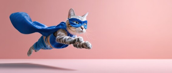 Superhero cat in blue costume flies heroically.