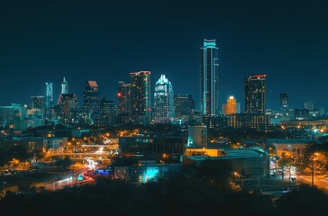 Naklejka premium A panoramic shot of a bustling city skyline at night, with the lights of the buildings creating a vibrant and colorful display