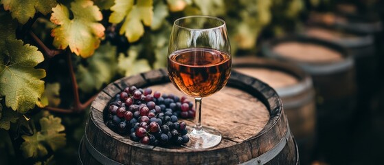 Wine glass and grapes on a wooden barrel in a vineyard.