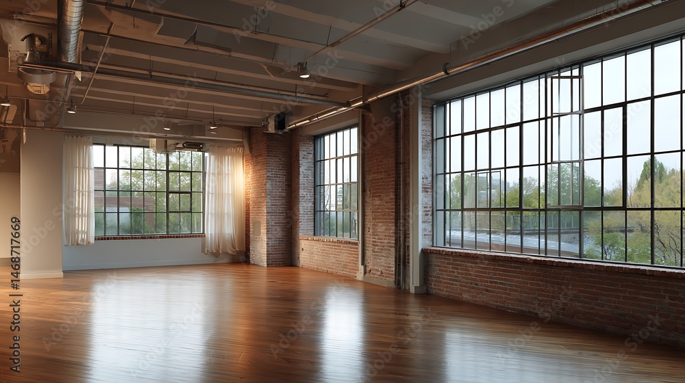 Poster spacious modern interior with high ceilings and large windows in a quiet setting