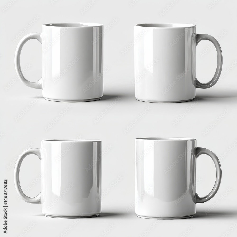 Poster set of four mockup coffee mugs on white background for custom design showcase or product presentatio