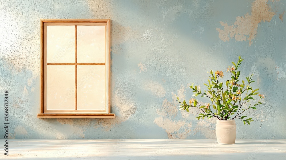 Poster minimalist square window against textured muted walls, creating a harmonious balance of light and su