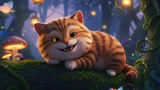 A whimsical cartoon depicts a contented Cheshire cat, grinning mischievously while lounging on a tree branch in an enchanted forest, where magic truly takes place, Generative AI