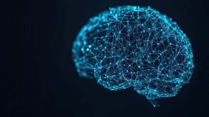 A glowing digital brain made of interconnected blue nodes and lines on a dark background.