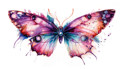 Vibrant Watercolor Butterfly with Multicolor Wings and Abstract Splashes