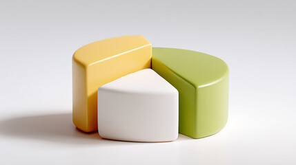 Brightly Lit 3D Pie Chart on Ultra White Background with Three Distinct Sections in Yellow, Green, and White Colors