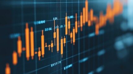 A digital candlestick chart shows fluctuating financial data, representing stock or cryptocurrency market trends on a dark background.
