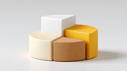 Brightly Lit 3D Pie Chart on Ultra White Background Showcasing Various Tones and Textures for Data Visualization