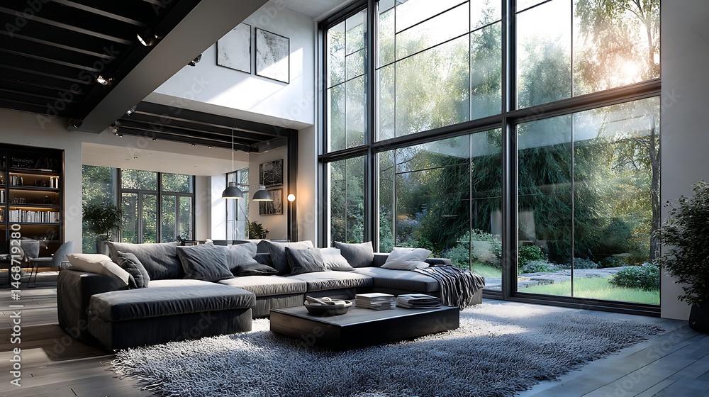 Poster spacious modern interior with high ceilings and large windows in a quiet setting