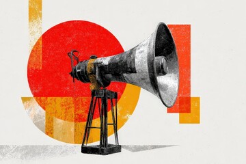 Abstract illustration of a large megaphone with geometric shapes.