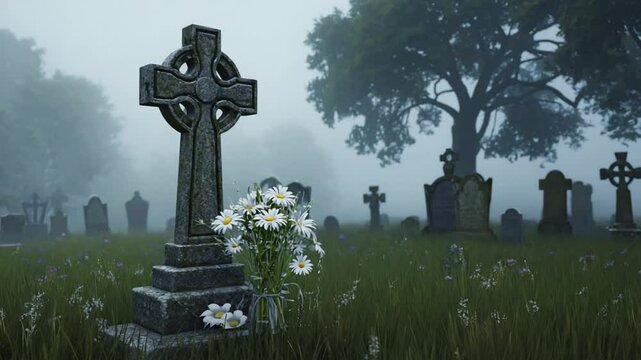 Visiting Cemetery with Flowers on Overcast Day near Stone Monuments