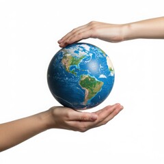 Globe being held between two hands on a white background in studio shot