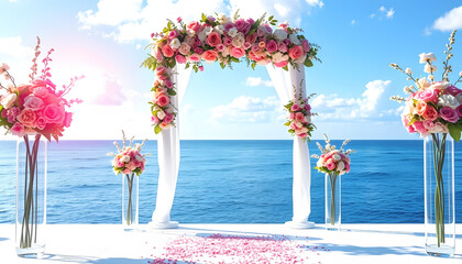 Elegant wedding arch with fresh flowers, vases on background of ocean and blue sky , with white tonespng