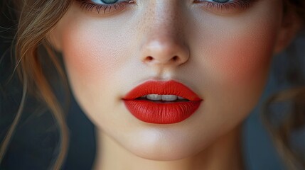 Naklejka premium Close-up of a woman's face with vibrant red lips