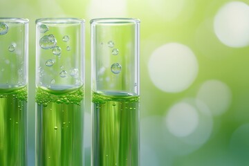 Laboratory experiment with test tubes filled with green liquid and bubbles in a scientific setting, background test tubes with green liquid and bubbles against blurred background