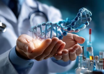 Doctor Holding Hands with DNA Double Helix and Medical Equipment on a Glowing Blue Background