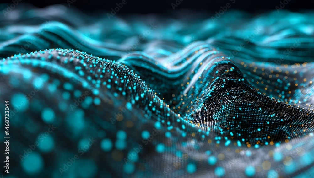 Poster futuristic glowing blue digital wave with luminous particles on black background, abstract technolog