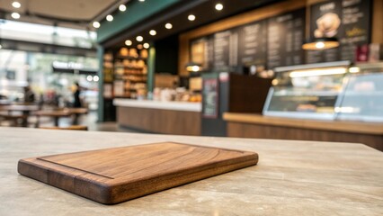 Empty wooden table space platform and blurry defocused restaurant interior, Vintage tone
