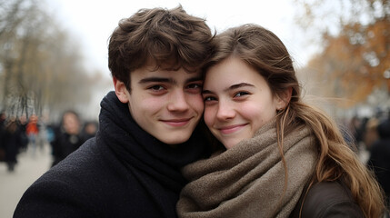 Young Couple Embracing in Snowy City Street