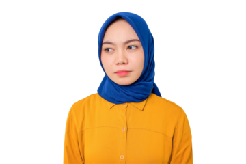 Sad young Asian Muslim woman dressed in orange shirt looking away with dissatisfied sadness face isolated on transparent background