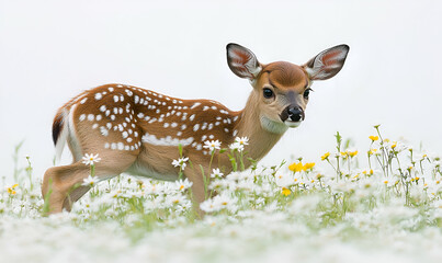 Young Fawn in a Field of White Daisies