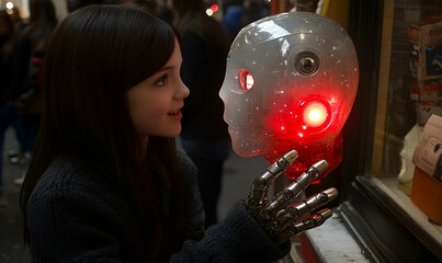 Young Girl Interacting with a Glowing Translucent Robot Head in a City Setting