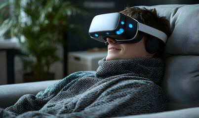 Young Man Relaxing in VR Headset at Home