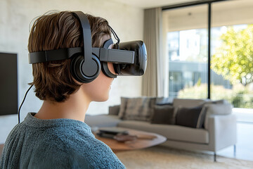 Young Man Using a VR Headset in a Modern Living Room