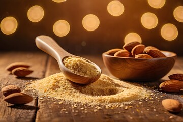 Rustic Almond Spoon with Flour on Wooden Table, Warm Bokeh Background