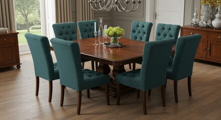 Dining room with a wooden table and eight teal upholstered chairs.