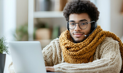 Young Man Working on Laptop Wearing Headset and Scarf