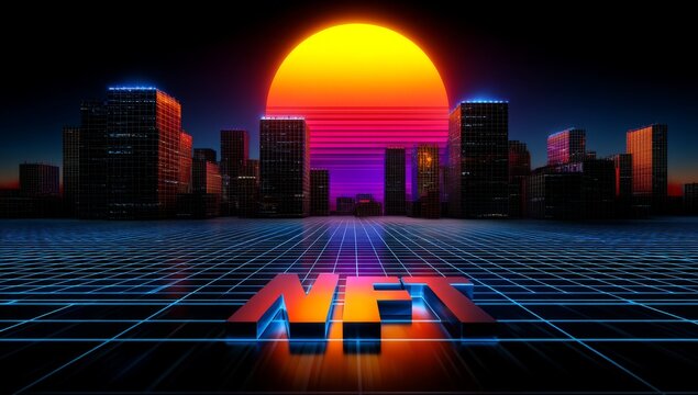 NFT in Retro-Futuristic Digital Grid with Neon Lighting