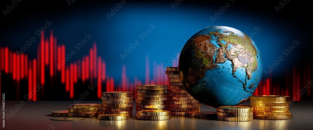 Poster global financial background with coin stacks and graphs representing world markets