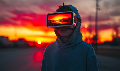 Young Person Wearing VR Headset at Sunset