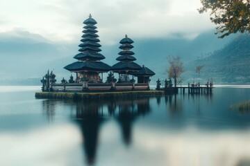 Majestic Bali temple reflections at twilight in tranquil waters of Indonesia, Bali Indonesia travel landmark temple on water Timelapse background