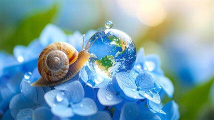 美しいあじさいのお花の上の美しい水滴の地球儀とかたつむり