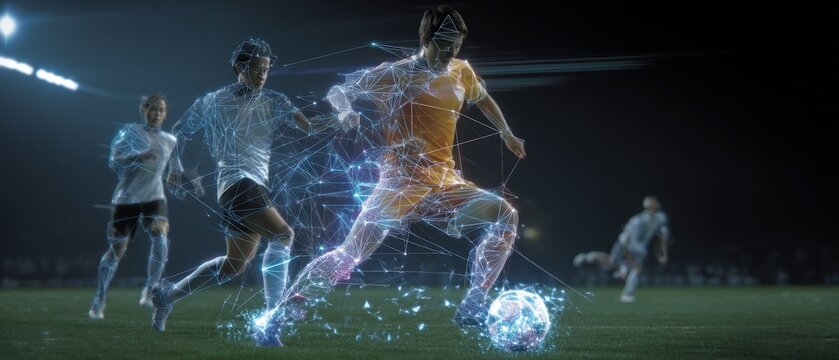 Futuristic soccer game with digital effects at night.