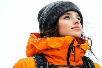 Young Woman in Orange Jacket and Knit Hat Gazing Upward in Snowy Landscape