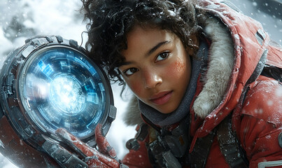 Young Woman in Snowy Landscape Holding Futuristic Device