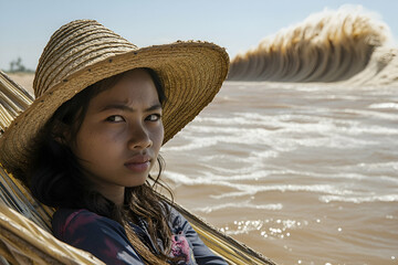 Young Woman in Straw Hat Relaxing in Hammock by Large Wave