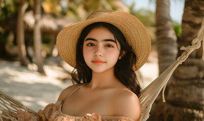 Young Woman in Straw Hat Relaxing in Hammock on Tropical Beach