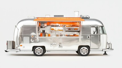 silver air stream food truck, side view, Over white Studio Background.