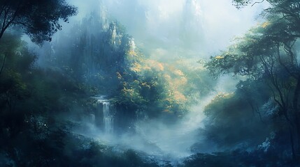 Misty forest landscape with a hidden castle.