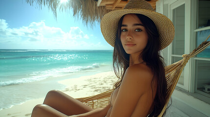 Young Woman Relaxing in Hammock on Tropical Beach