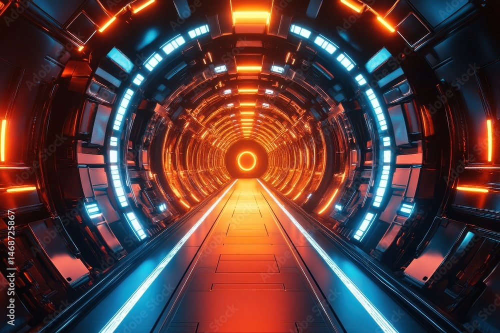 Poster futuristic sci-fi tunnel illuminated with vibrant lights in a high-tech environment, 3d ing sci-fi t