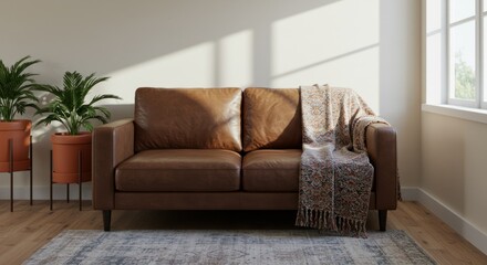 Brown sofa with throw blanket in a bright living room interior.